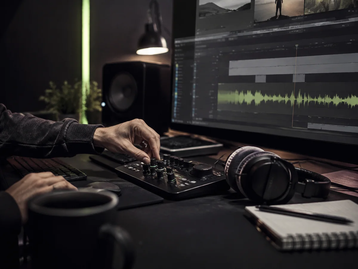 Creator adjusting instrumental background music beside a video timeline and audio waveform