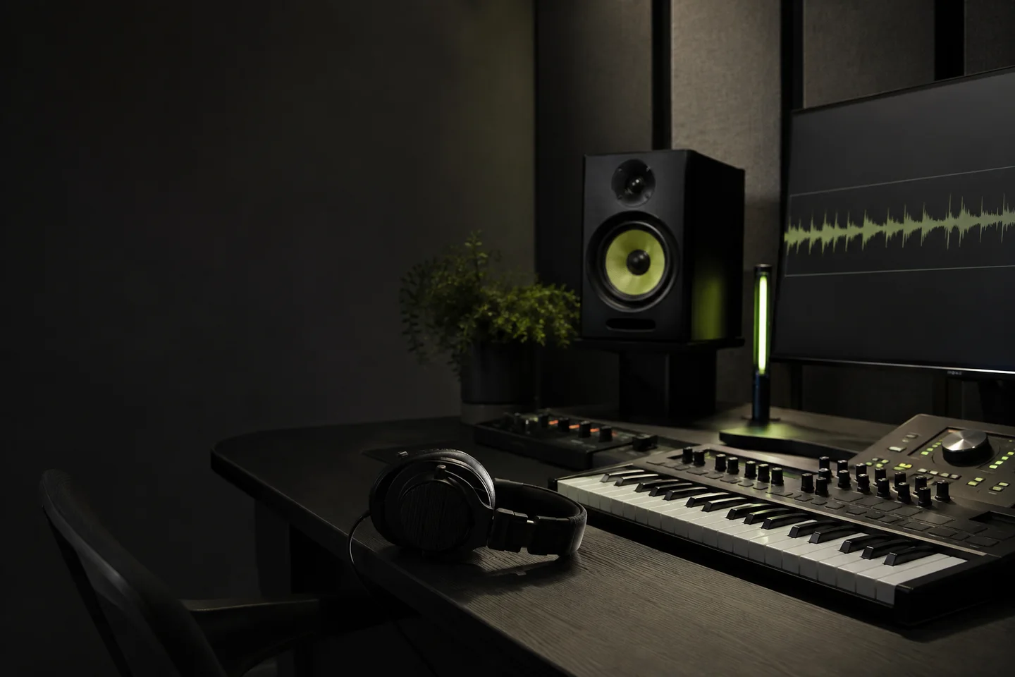 Independent music creation workspace with headphones, MIDI keyboard, and studio monitor